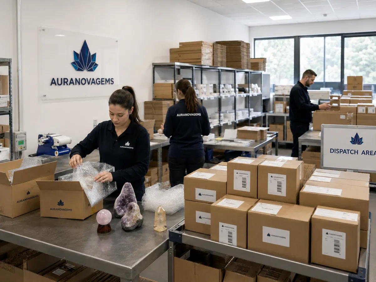 Illustrative packing and dispatch area for wholesale crystal orders
