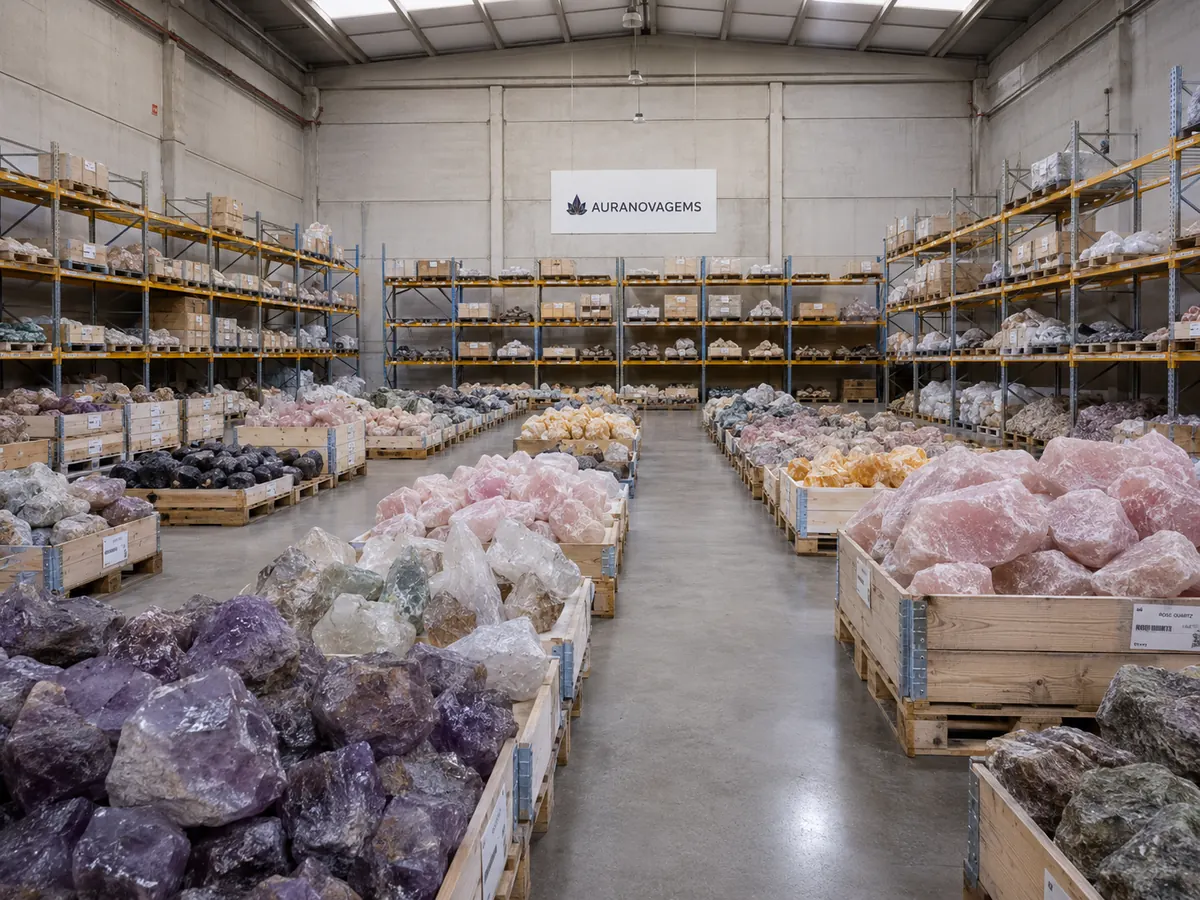 Illustrative raw crystal warehouse with sorted gemstone batches