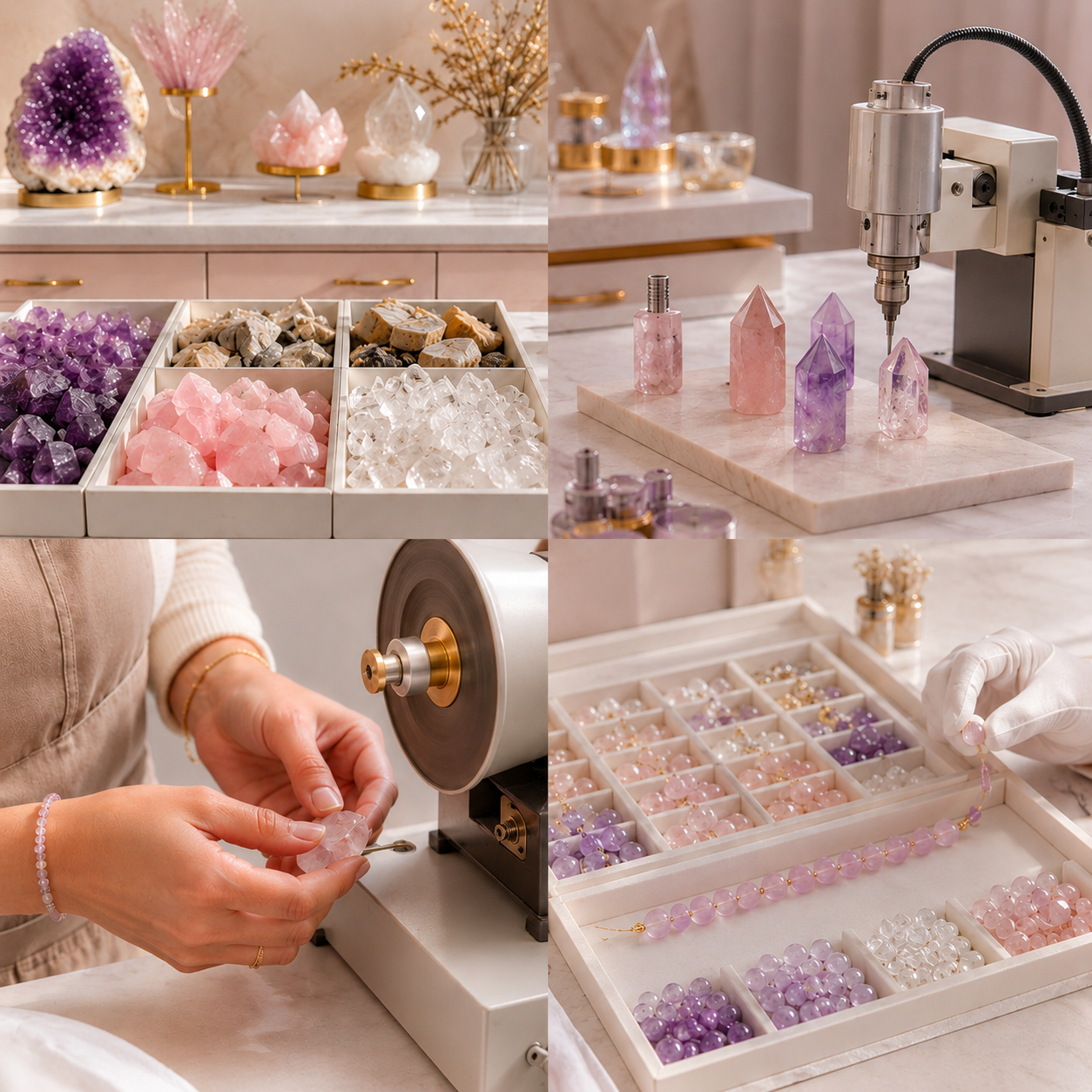 Realistic crystal sourcing factory collage