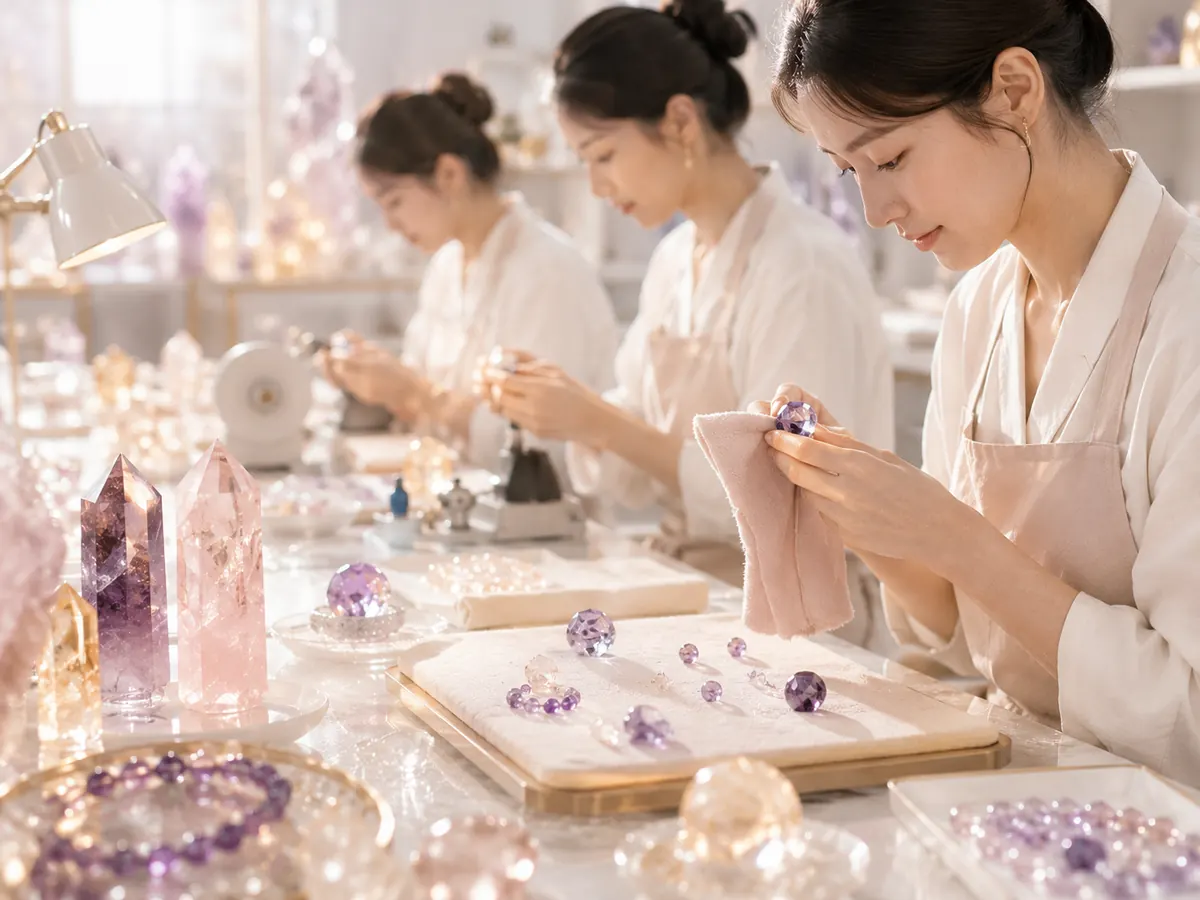 Artisan hand polishing natural crystal products