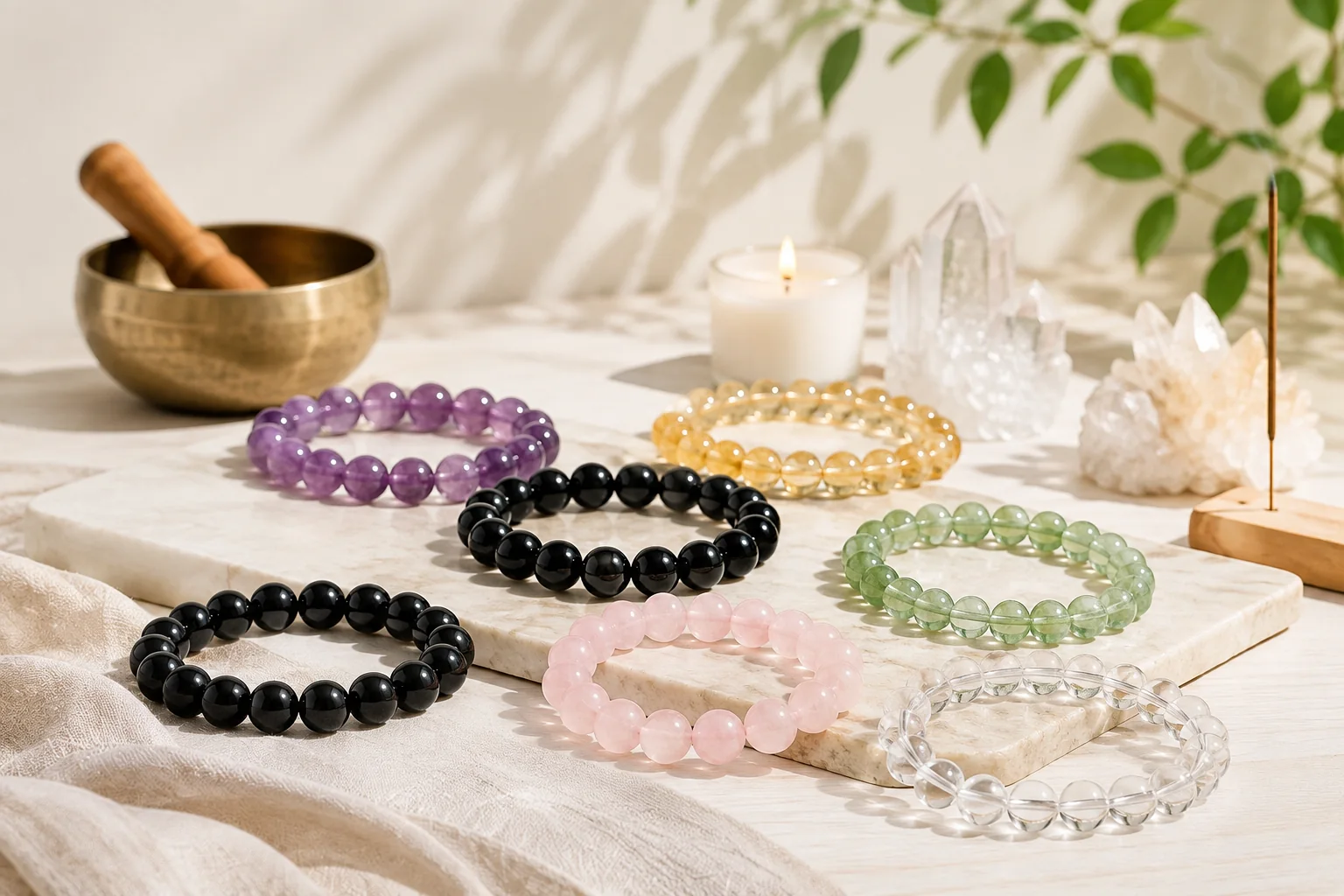 Natural crystal bracelets displayed with clear quartz, a singing bowl and incense