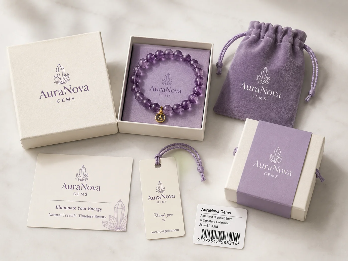Private label crystal bracelet gift box, pouch, brand card and barcode packaging
