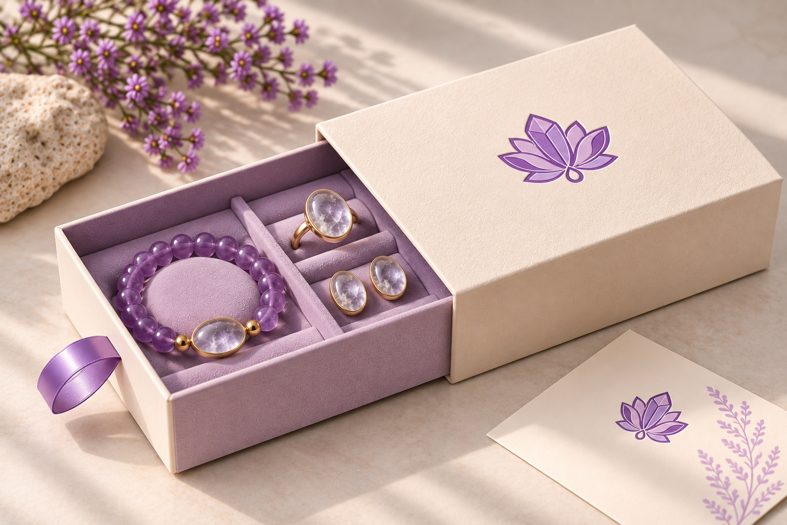Design concept showing a lavender jewelry drawer box partly open with a ribbon pull
