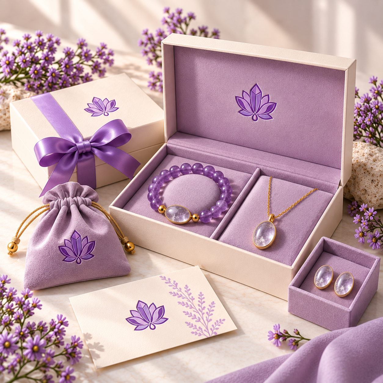 Design concept showing an open hinged jewelry gift box with a bracelet and necklace