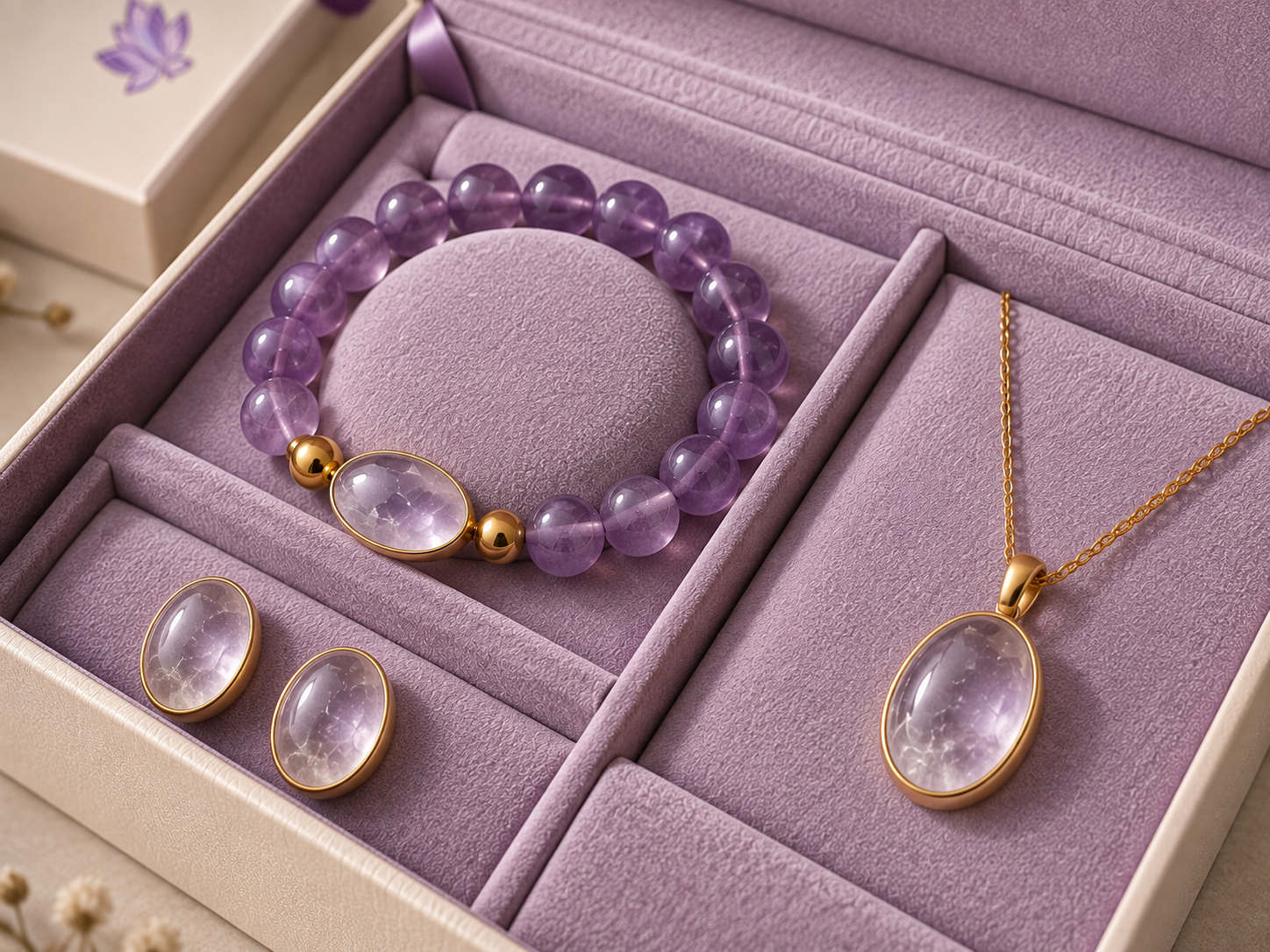 Design concept close-up of lavender compartments holding a bracelet, earrings and necklace