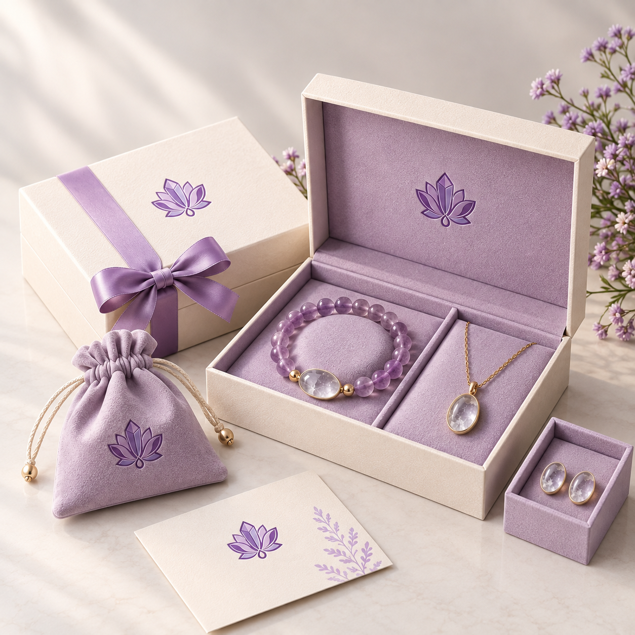 Concept image of cream and lavender jewelry boxes with a bracelet, necklace, pouch and brand card