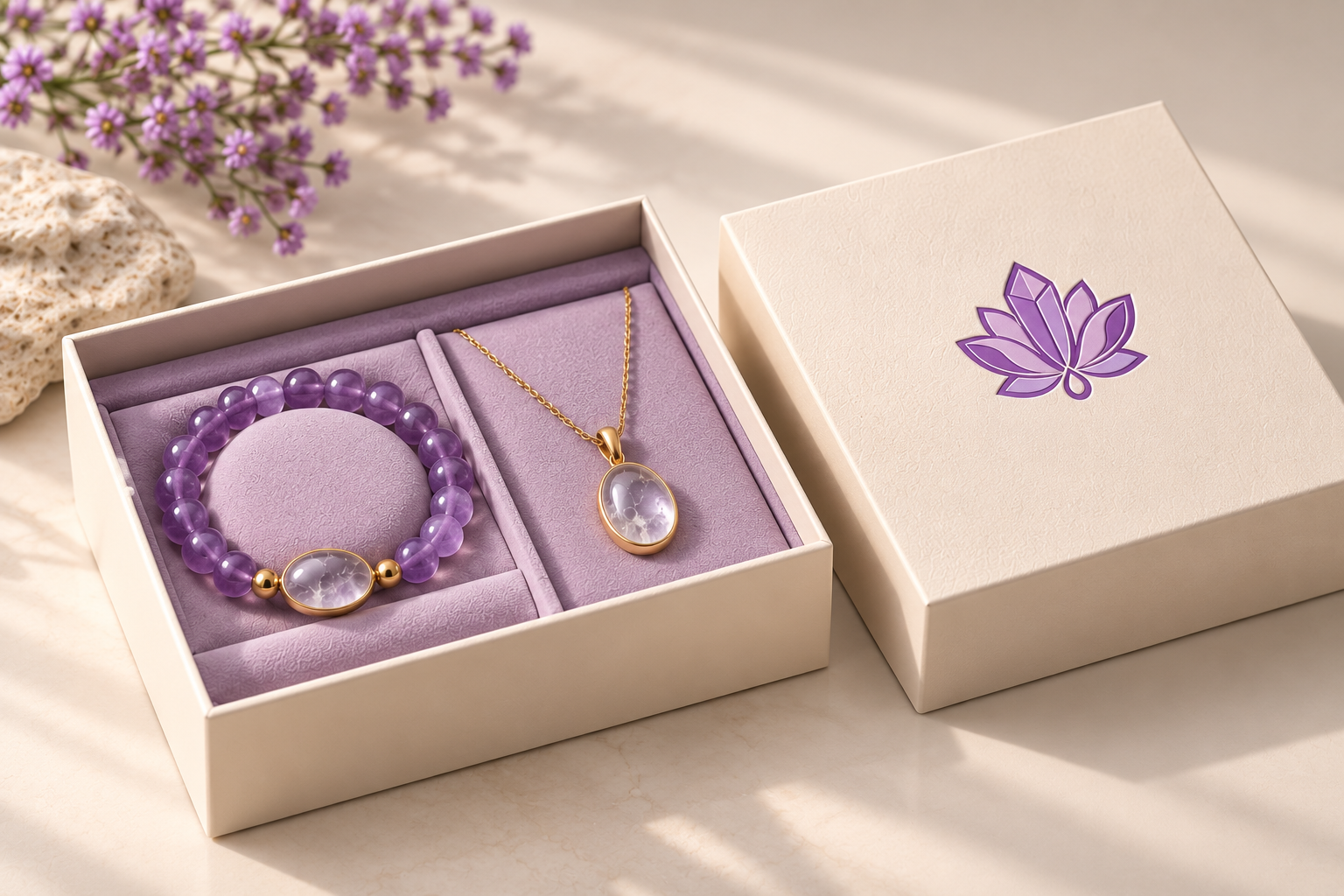 Design concept showing a removable lid beside a jewelry box with bracelet and necklace compartments