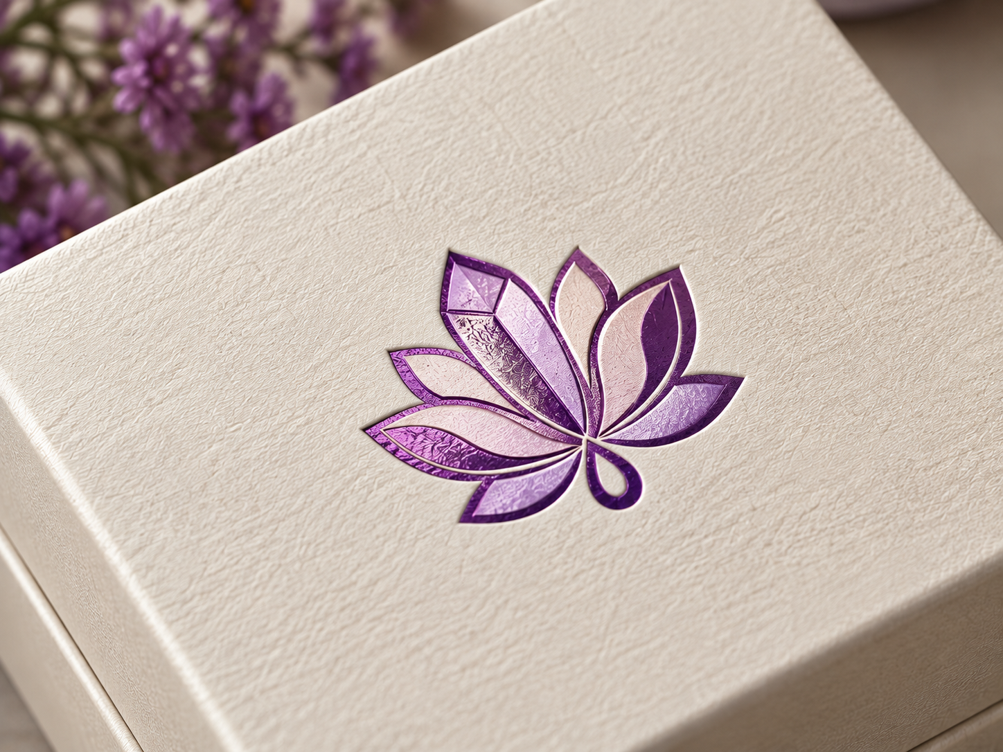 Design concept close-up of a purple lotus logo on a cream textured jewelry box