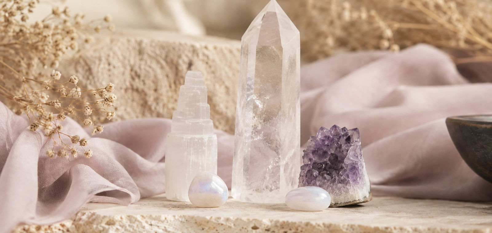Crown Chakra crystals on soft lavender silk
