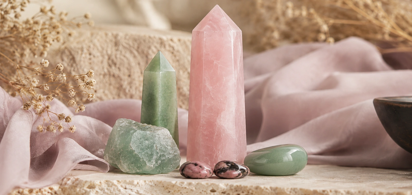 Heart Chakra crystals on soft lavender silk