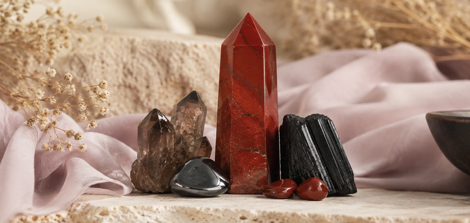 Root Chakra crystals on soft lavender silk