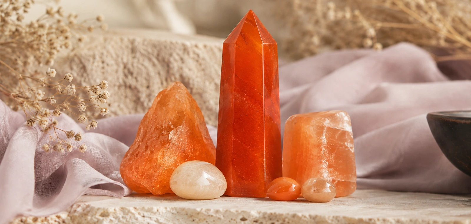 Sacral Chakra crystals on soft lavender silk