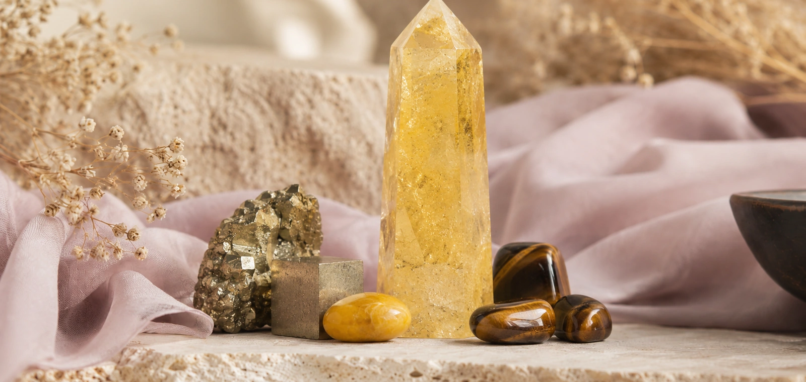 Solar Plexus Chakra crystals on soft lavender silk