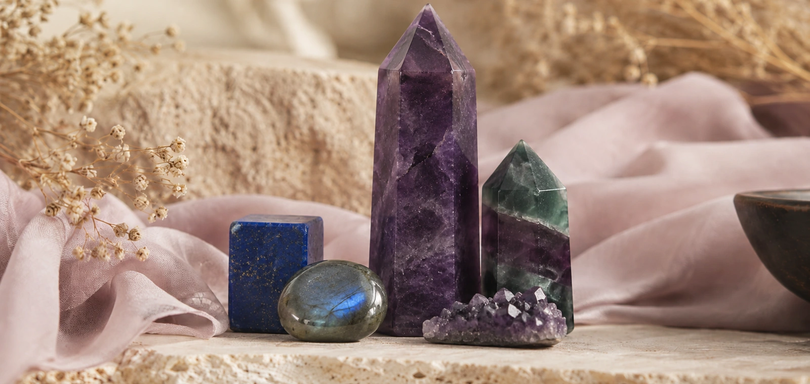 Third Eye Chakra crystals on soft lavender silk