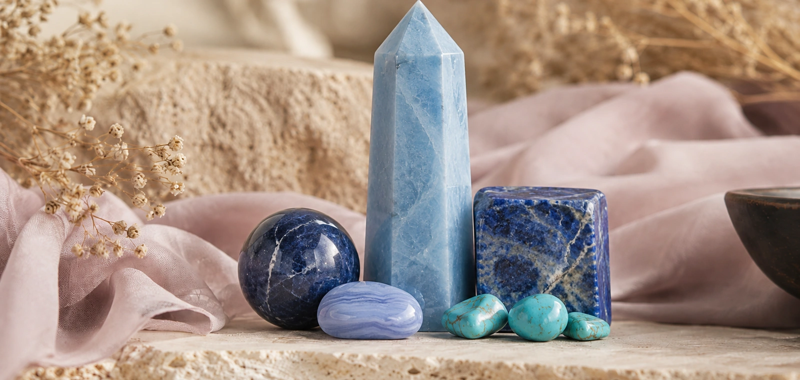 Throat Chakra crystals on soft lavender silk