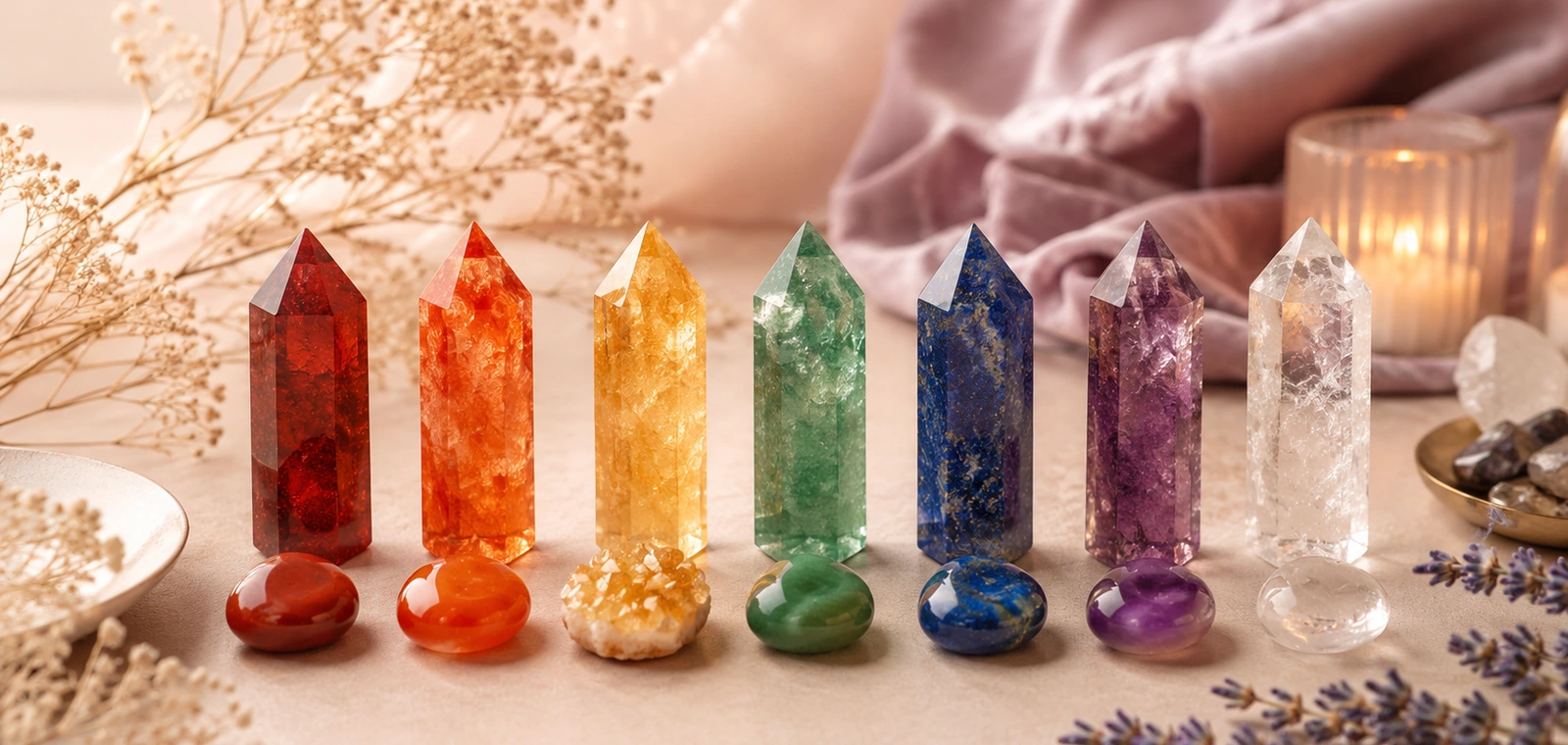 Seven chakra crystals arranged on a soft lavender silk background