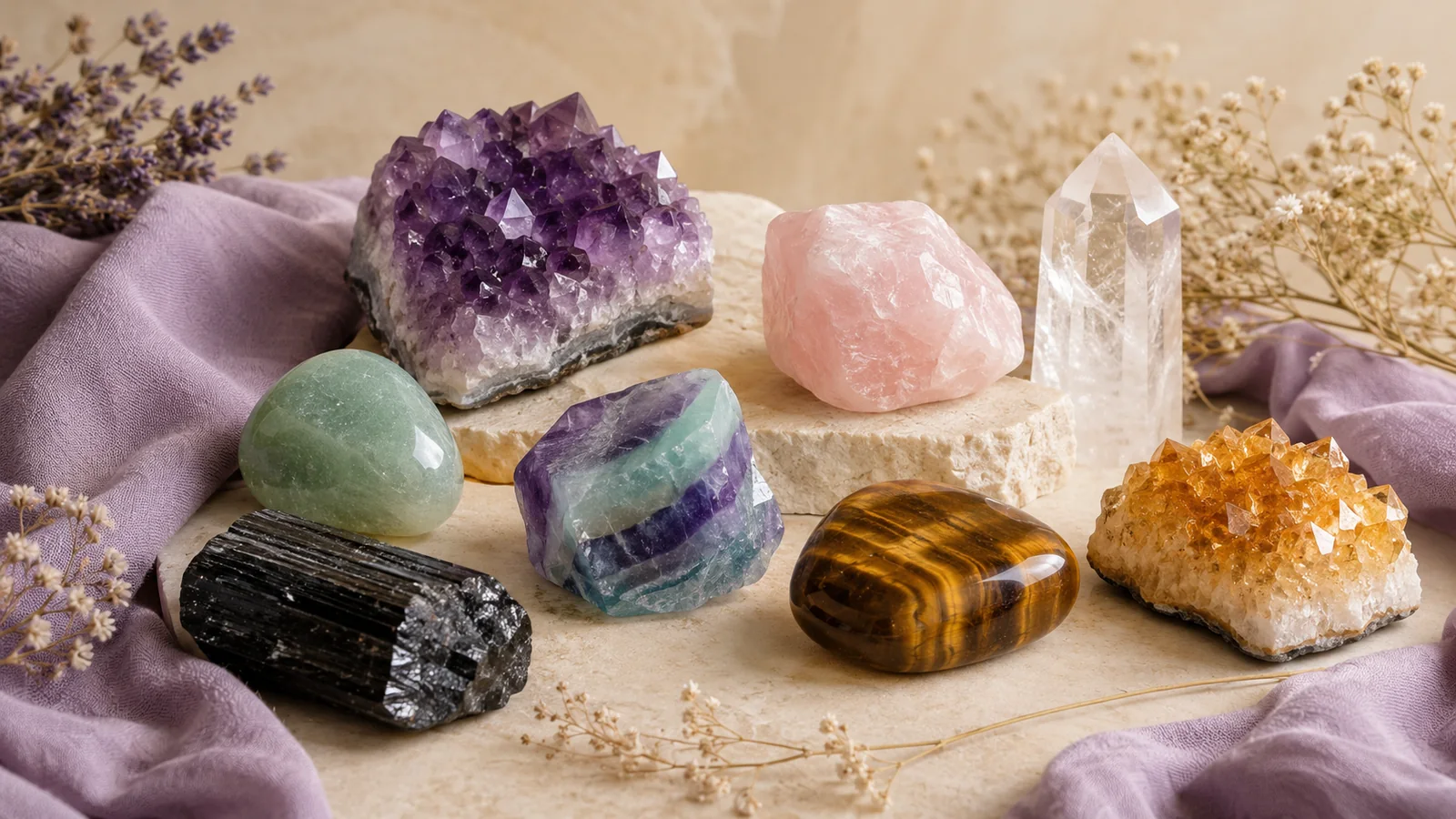 Curated display of popular healing crystals including amethyst, rose quartz, clear quartz, citrine, fluorite, tiger's eye, green aventurine, and black tourmaline