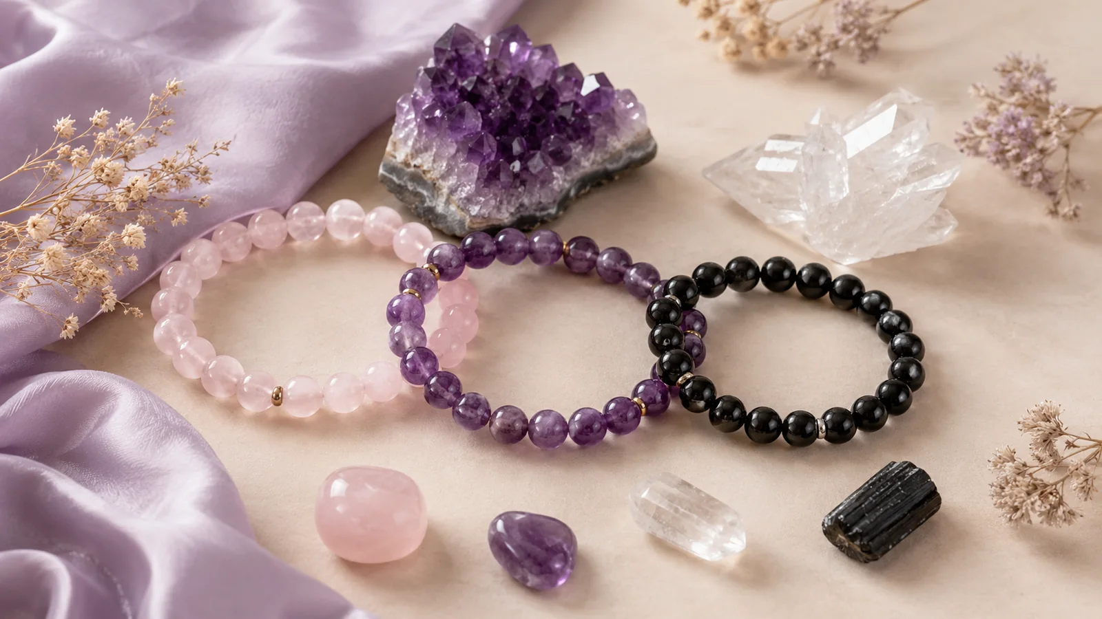 Rose quartz, amethyst, and black crystal bracelets arranged with loose healing crystals