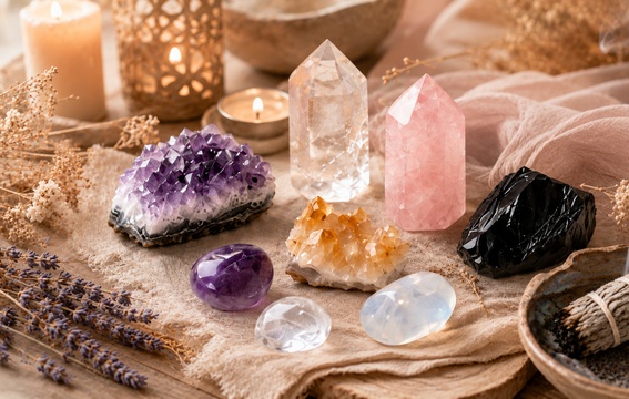 Meditation crystals arranged on a soft neutral background