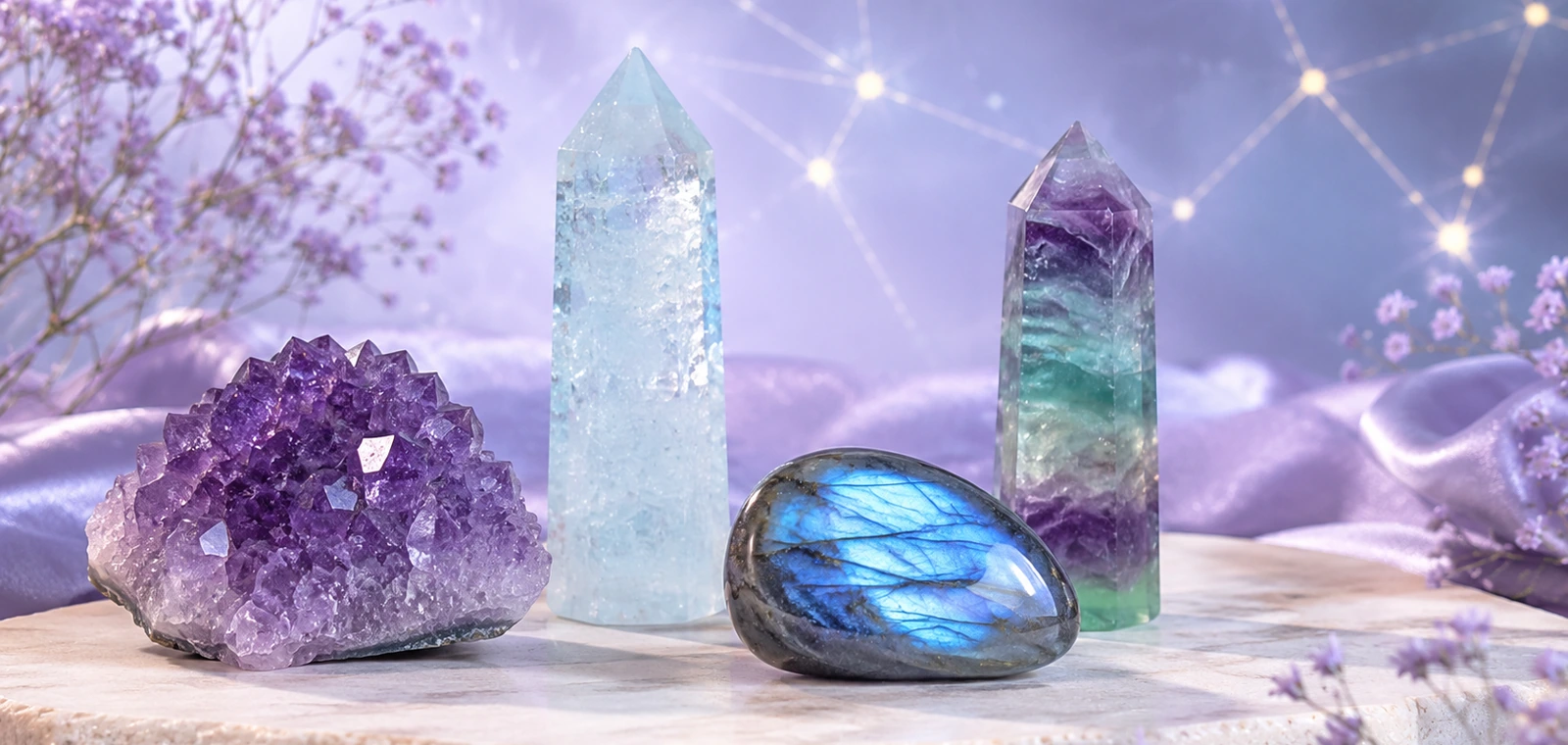 Aquarius zodiac crystals: Amethyst, Aquamarine, Labradorite, Fluorite