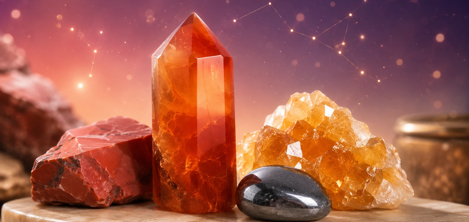 Aries zodiac crystals: Carnelian, Red Jasper, Citrine, Hematite