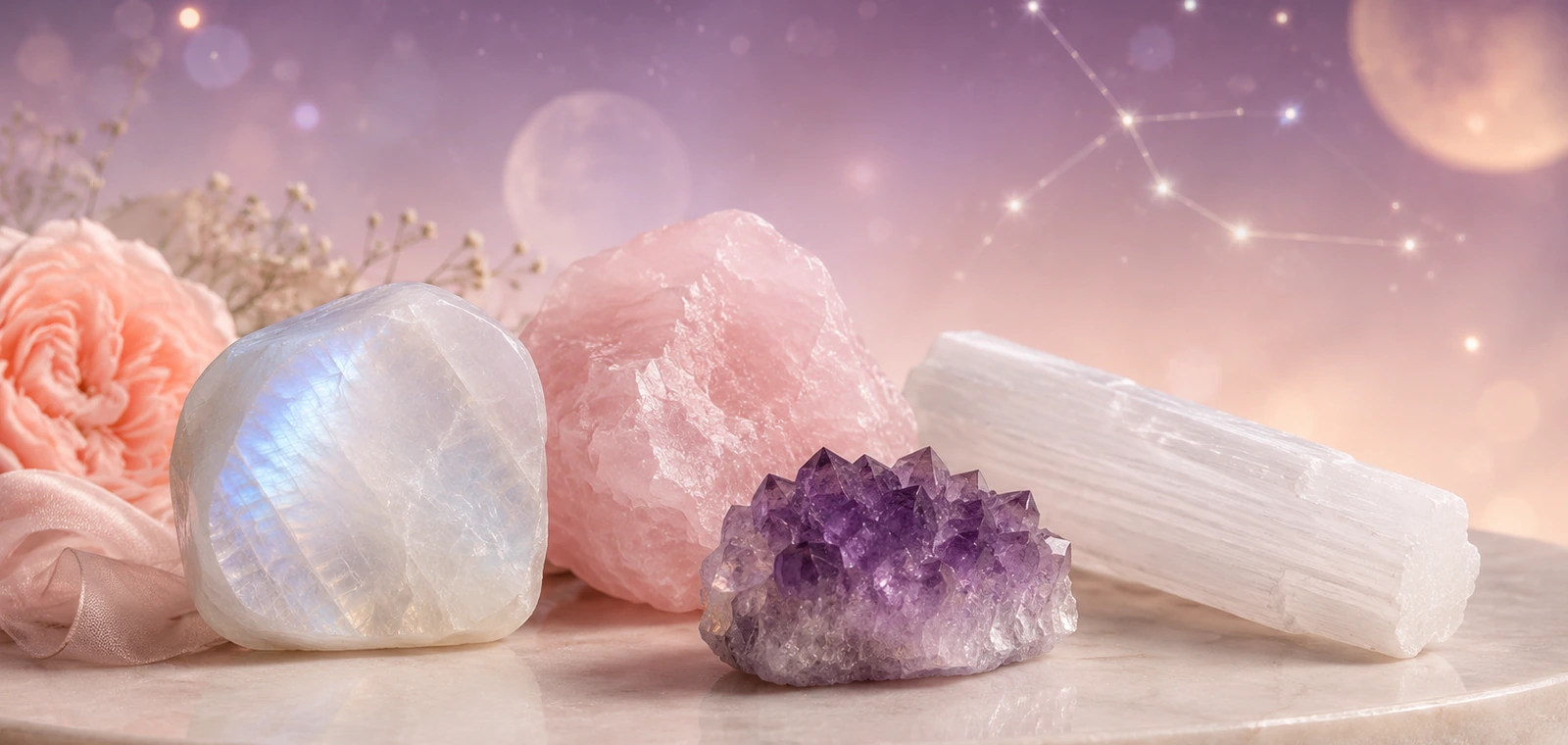Cancer zodiac crystals: Moonstone, Rose Quartz, Selenite, Amethyst
