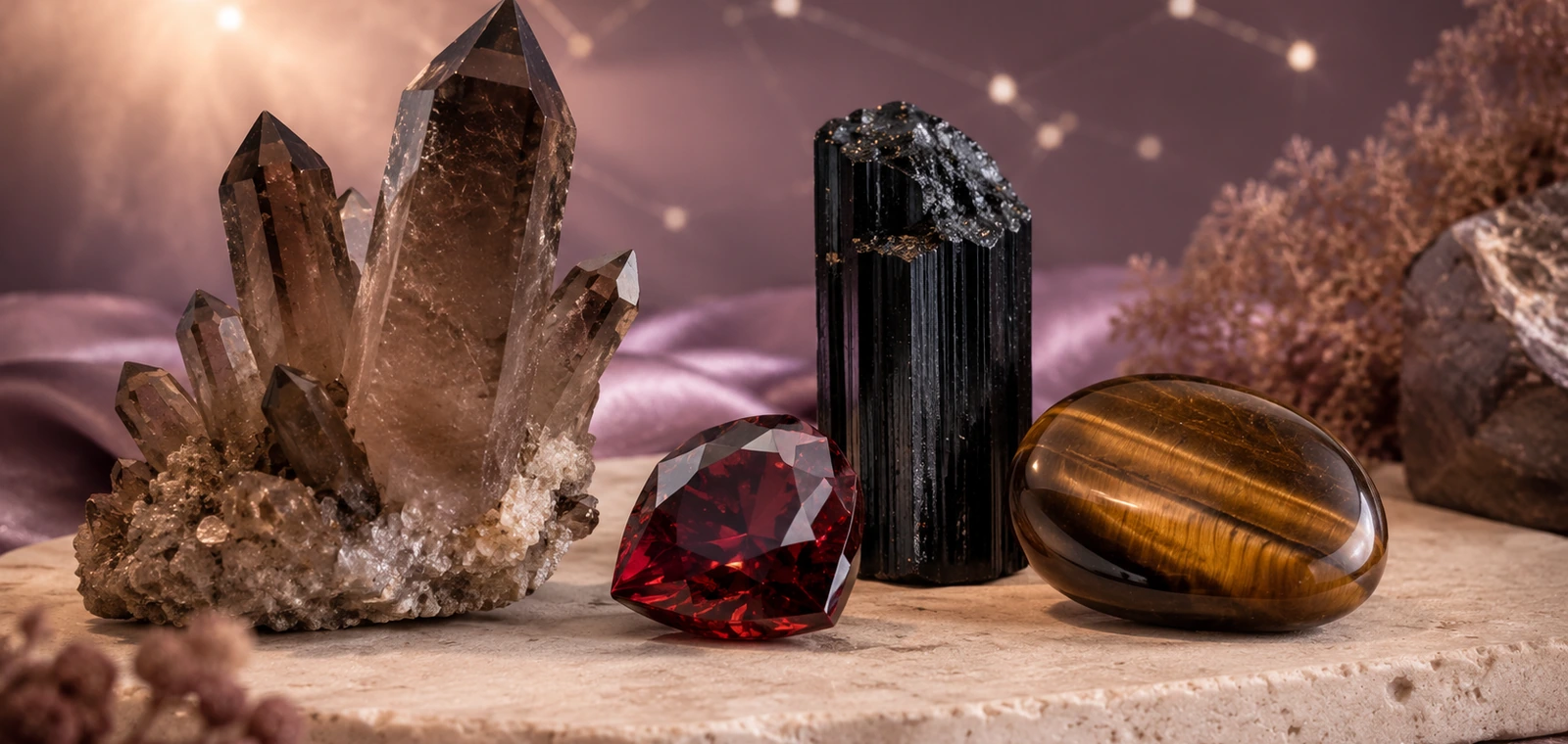 Capricorn zodiac crystals: Smoky Quartz, Garnet, Black Tourmaline, Tiger’s Eye