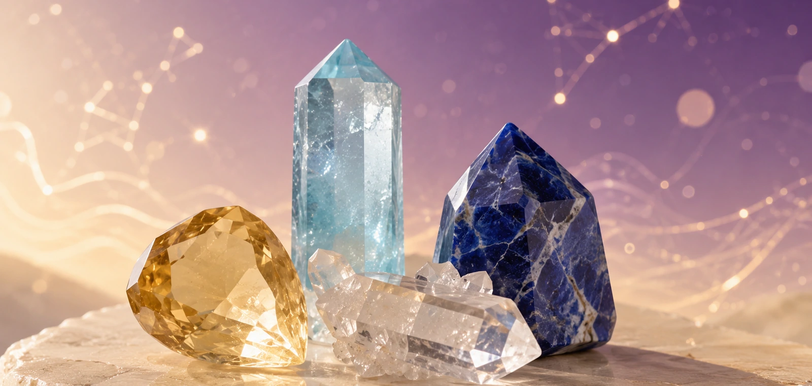 Gemini zodiac crystals: Citrine, Aquamarine, Clear Quartz, Sodalite
