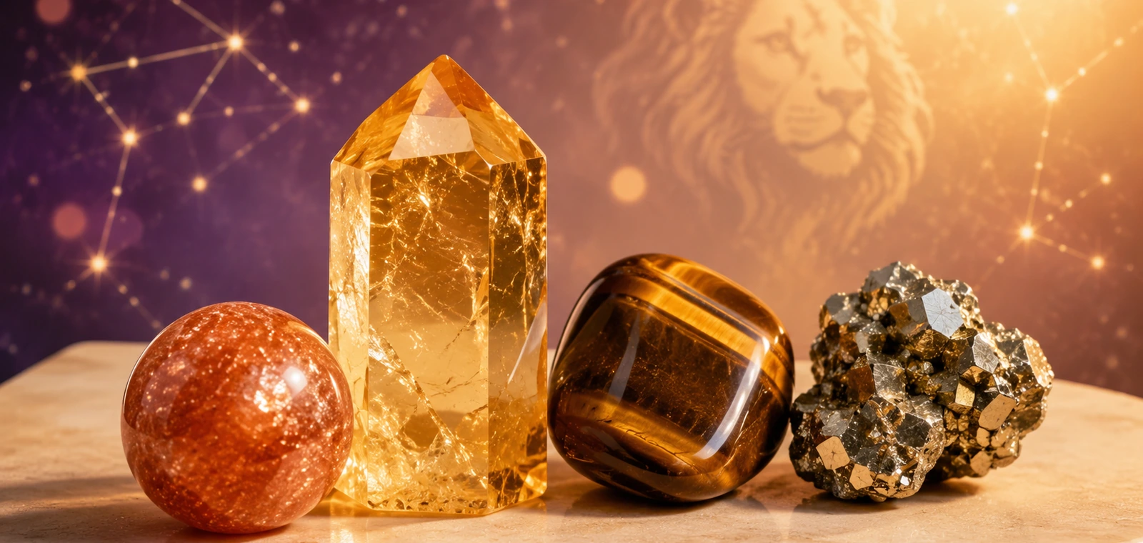 Leo zodiac crystals: Sunstone, Citrine, Tiger’s Eye, Pyrite