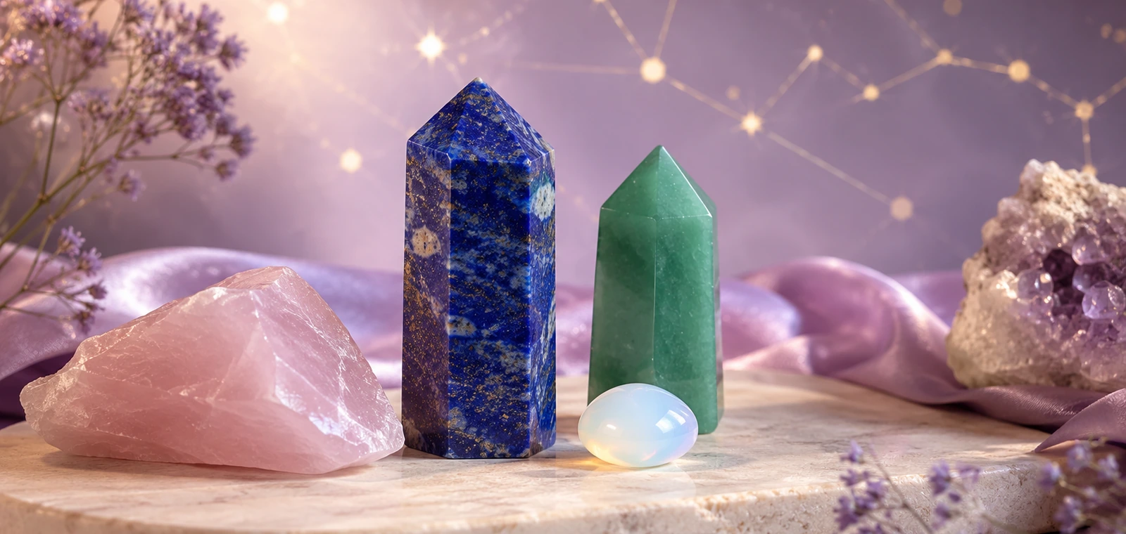 Libra zodiac crystals: Rose Quartz, Lapis Lazuli, Opal, Green Aventurine