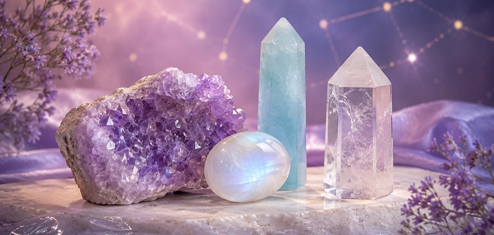 Pisces zodiac crystals: Amethyst, Moonstone, Aquamarine, Clear Quartz