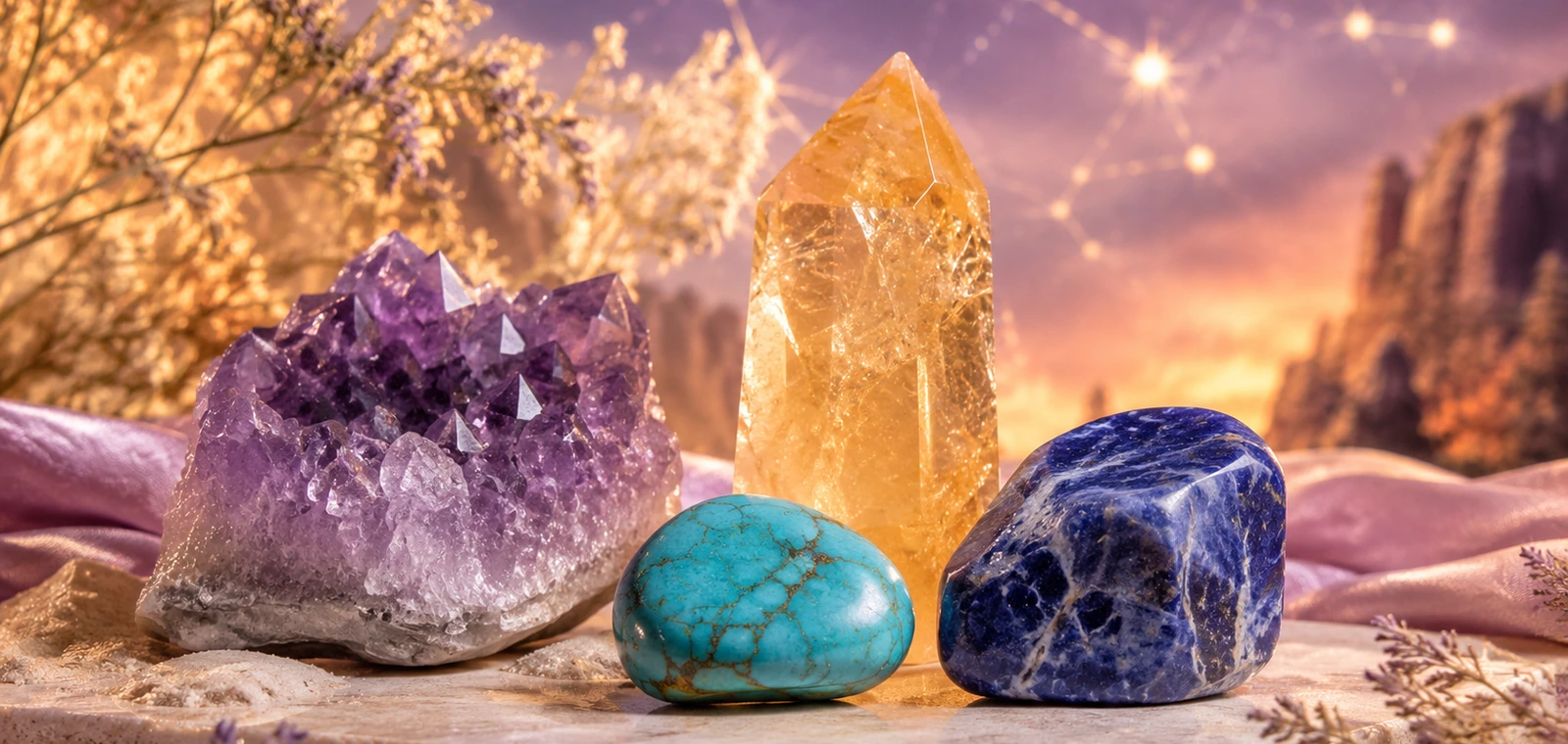 Sagittarius zodiac crystals: Amethyst, Turquoise, Citrine, Sodalite