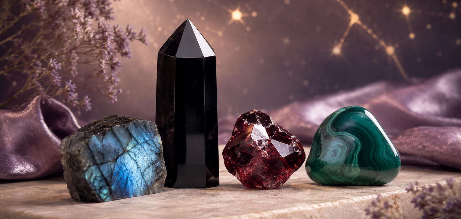 Scorpio zodiac crystals: Obsidian, Labradorite, Garnet, Malachite
