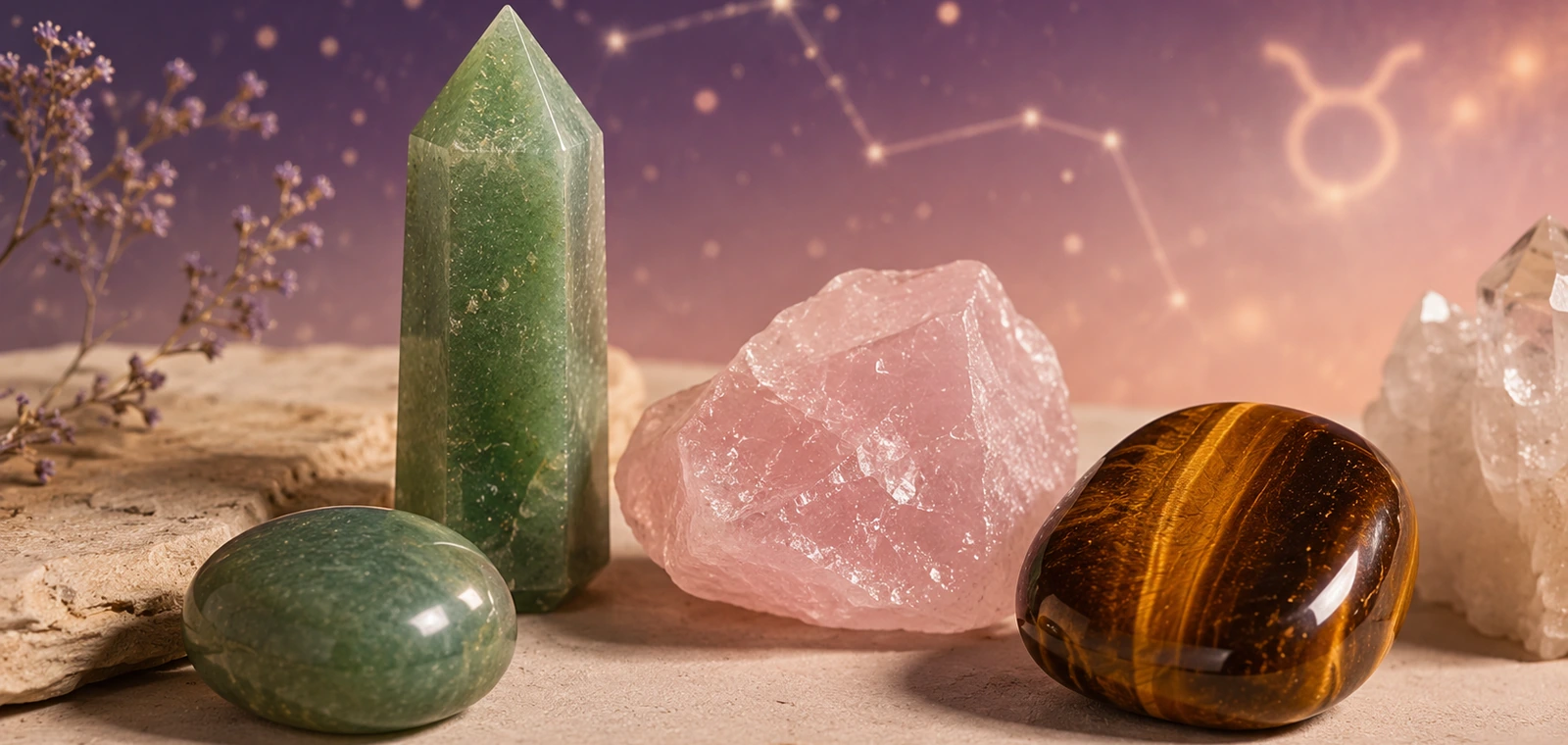 Taurus zodiac crystals: Green Aventurine, Rose Quartz, Tiger’s Eye, Jade