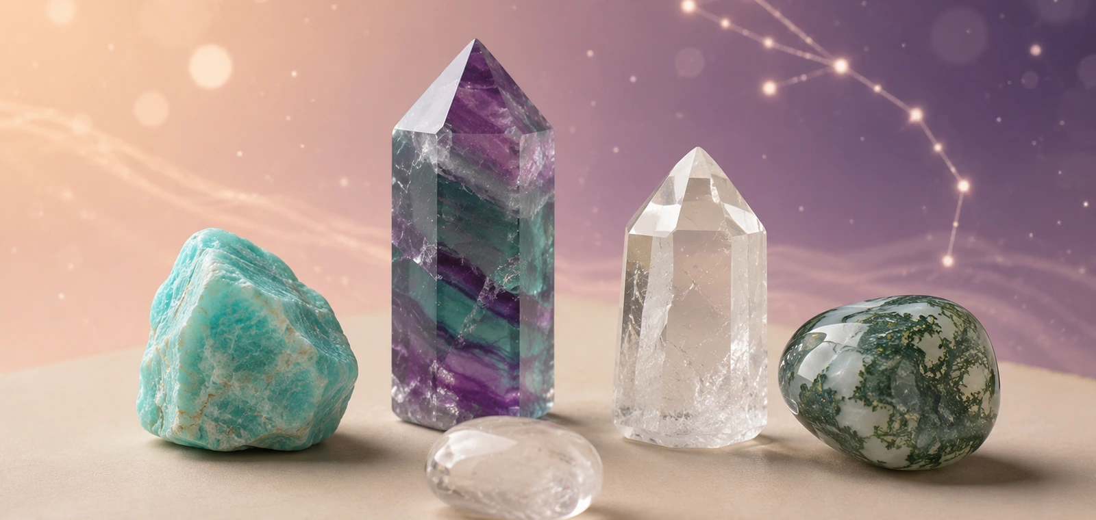 Virgo zodiac crystals: Amazonite, Fluorite, Clear Quartz, Moss Agate