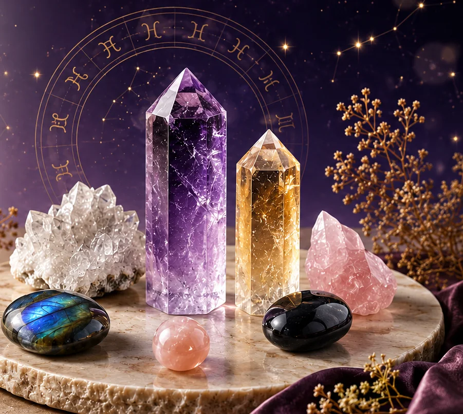 Amethyst, citrine, clear quartz and rose quartz beneath a zodiac wheel