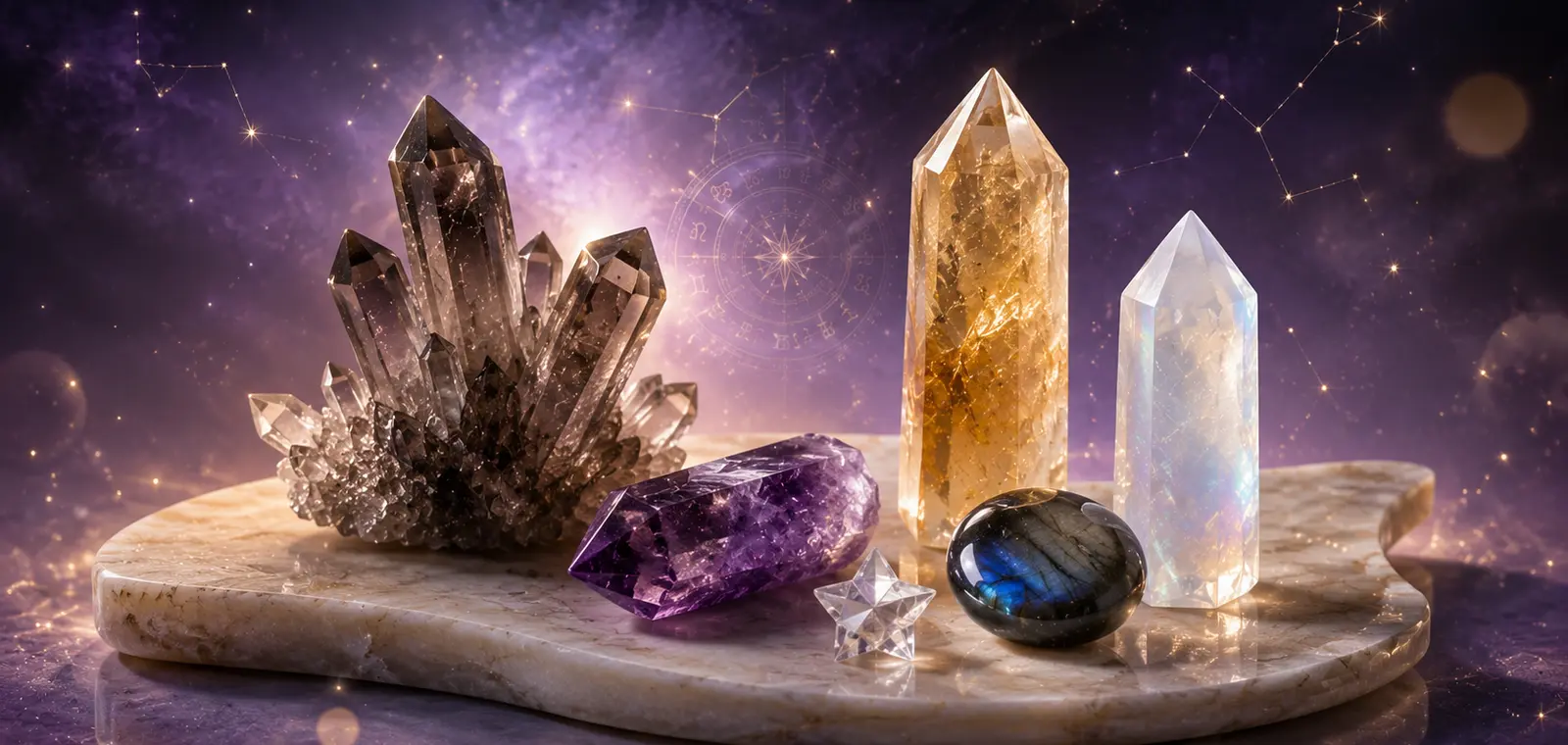 Astrology crystal set with moon tray and starry background
