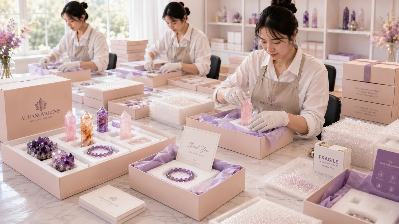 Private label crystal products being packed for wholesale shipping